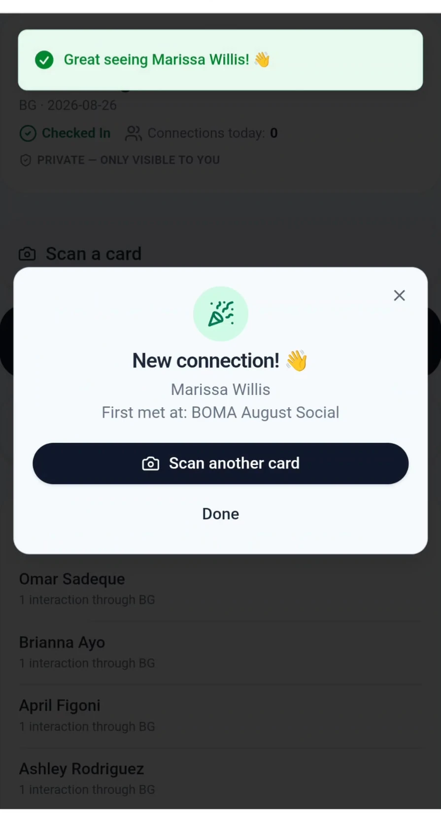 Mosaic confirmation showing a new connection with Marissa Willis, first met at BOMA August Social, after scanning a business card.