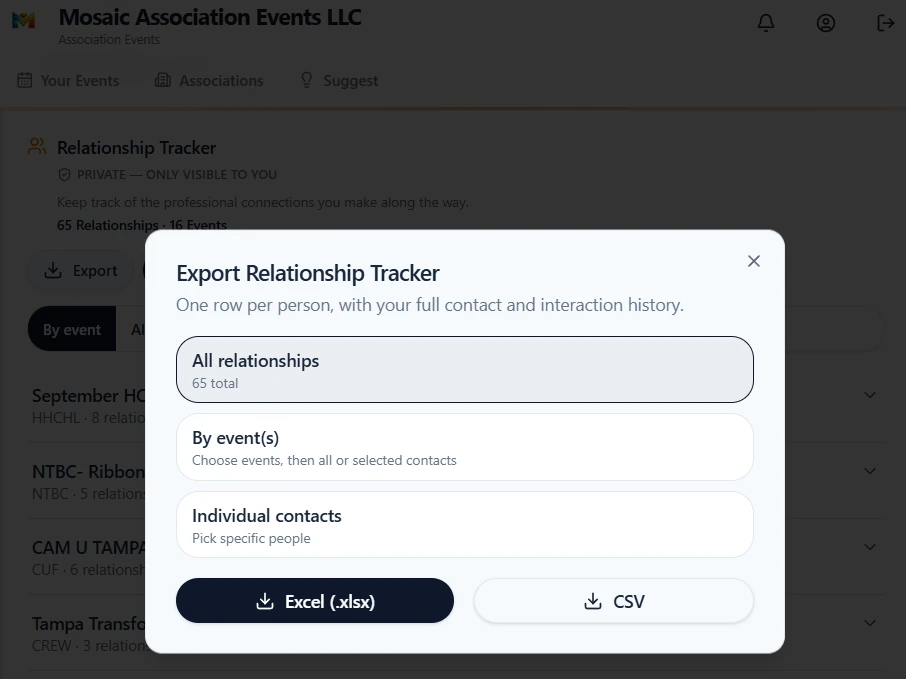 Mosaic Export Relationship Tracker dialog showing all relationships, event, and individual contact export scopes with Excel and CSV formats.