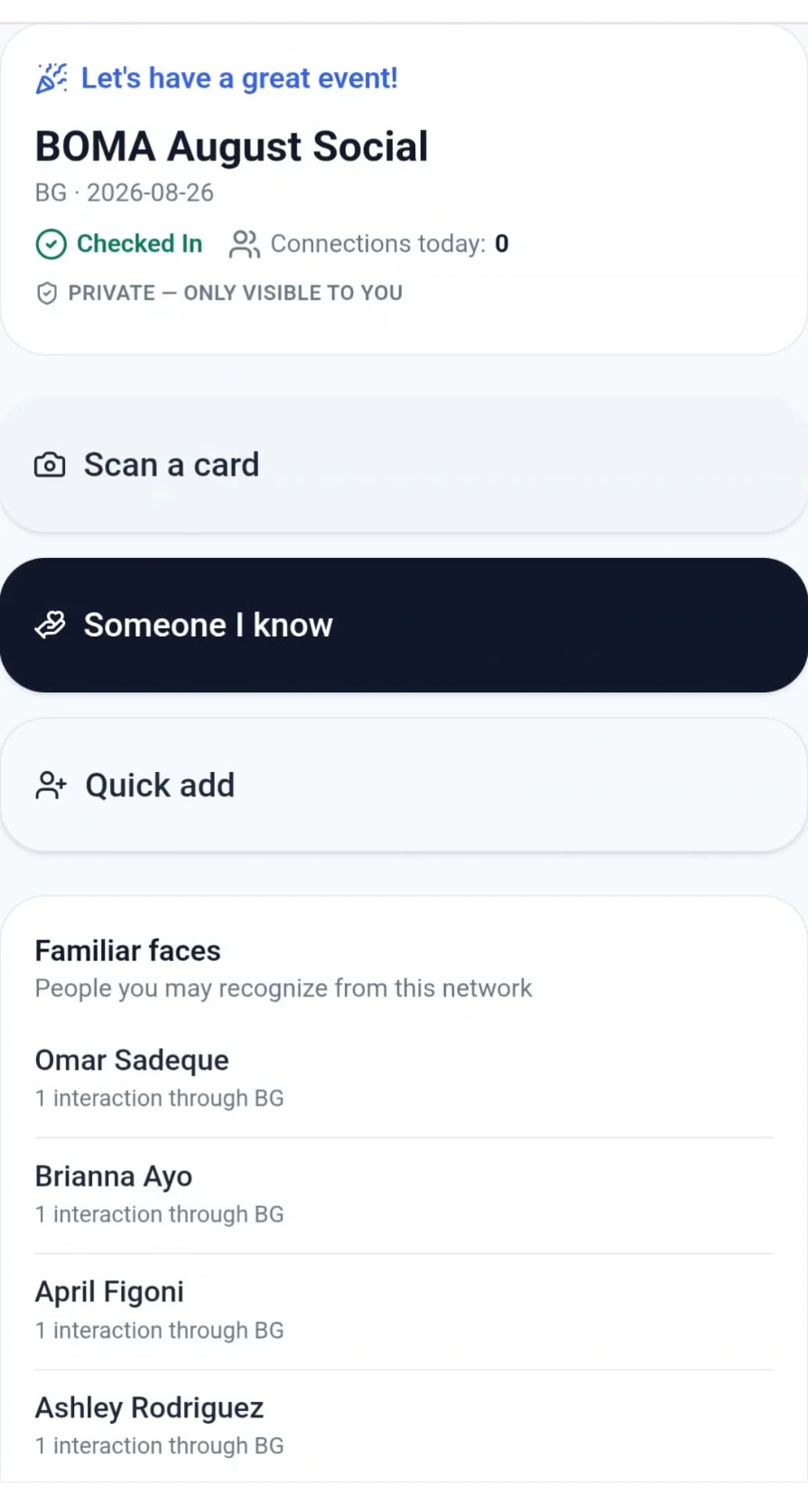 Mosaic Event Network Mode checked in to BOMA August Social, with Scan a card, Someone I Know, Quick add, and Familiar faces options.