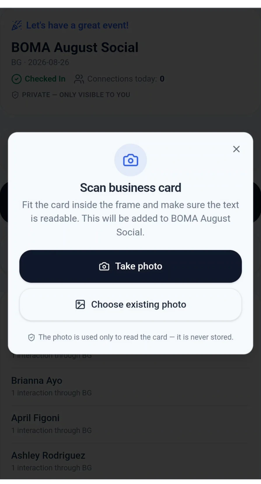 Mosaic Scan business card dialog with options to take a photo or choose an existing photo and a notice that the photo is never stored.